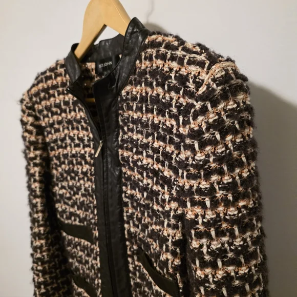 Vintage St.John Tweed Knit Brown Cardigan Jacket Leather Trim Size Women US 6 - Picture 3 of 6